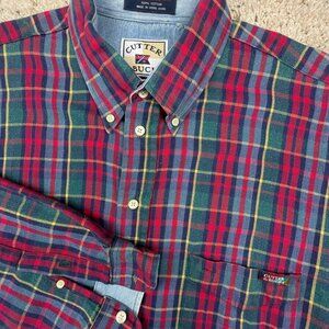 Cutter & Buck Men's Large Flannel Long Sleeve Shirt Red Green Blue Plaid NWOT